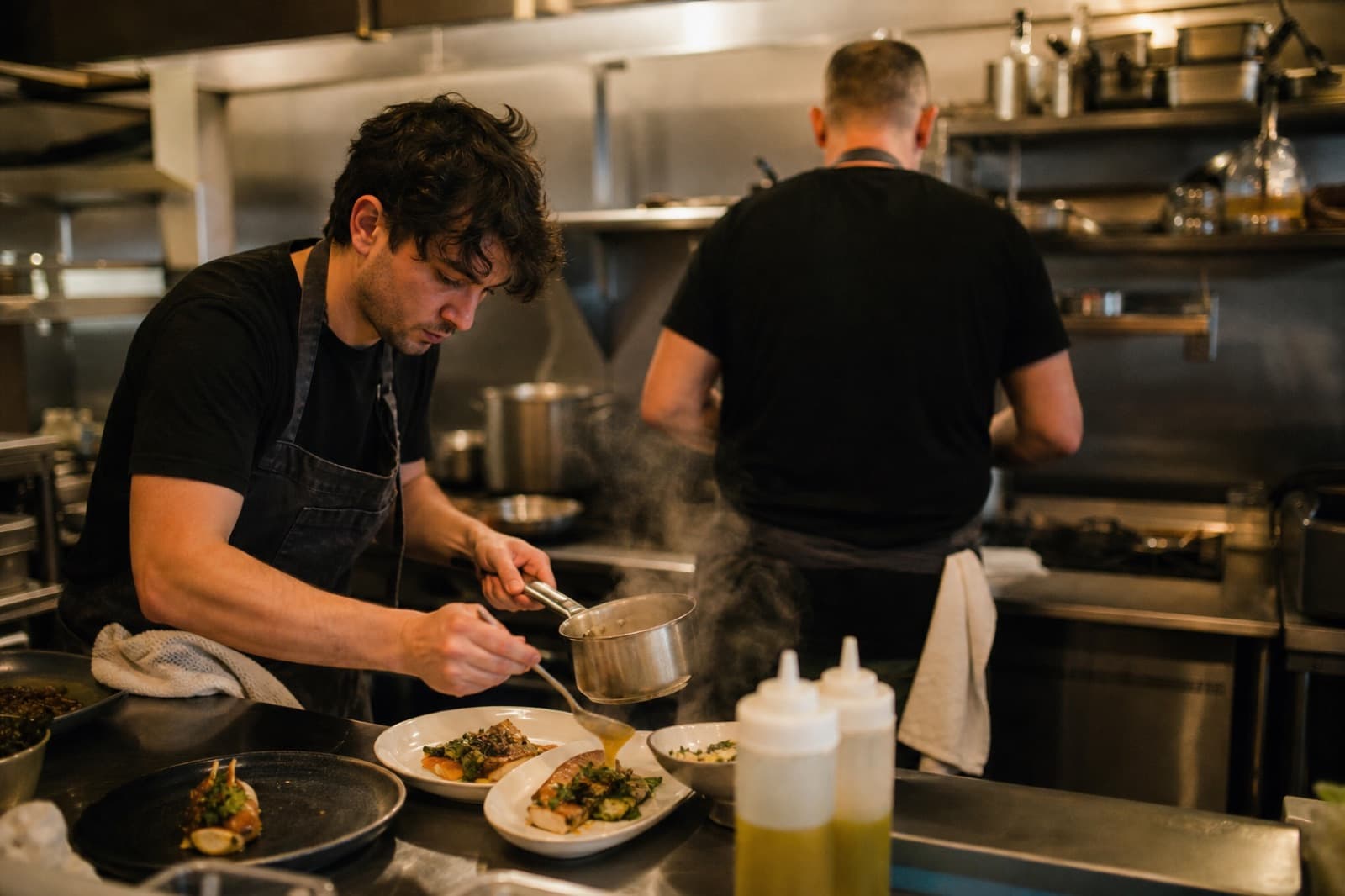 A cook plating a dish on a restaurant line during service.