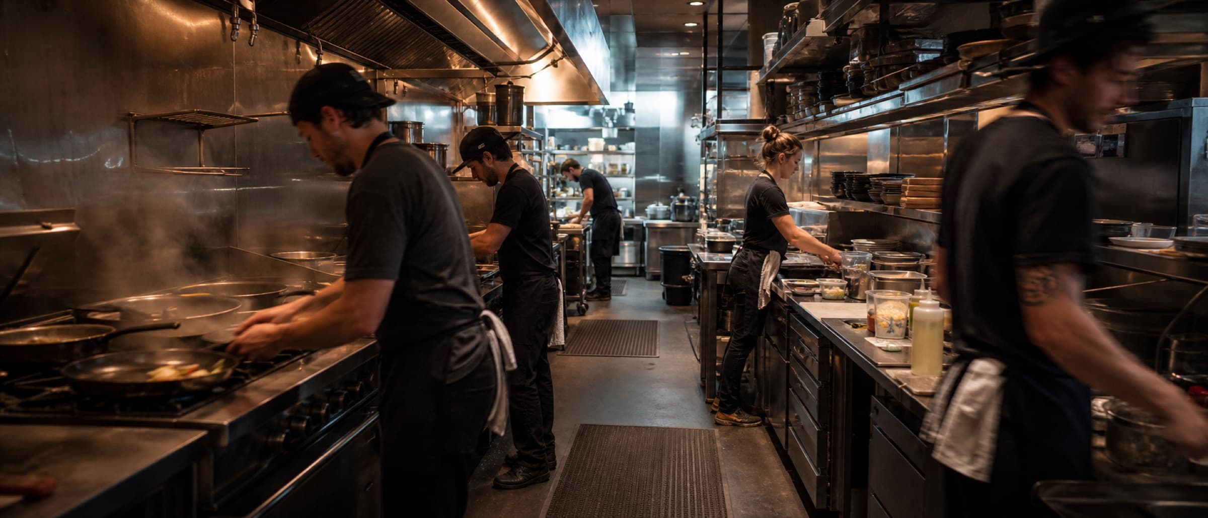 A restaurant kitchen mid-prep, cooks working down the line.