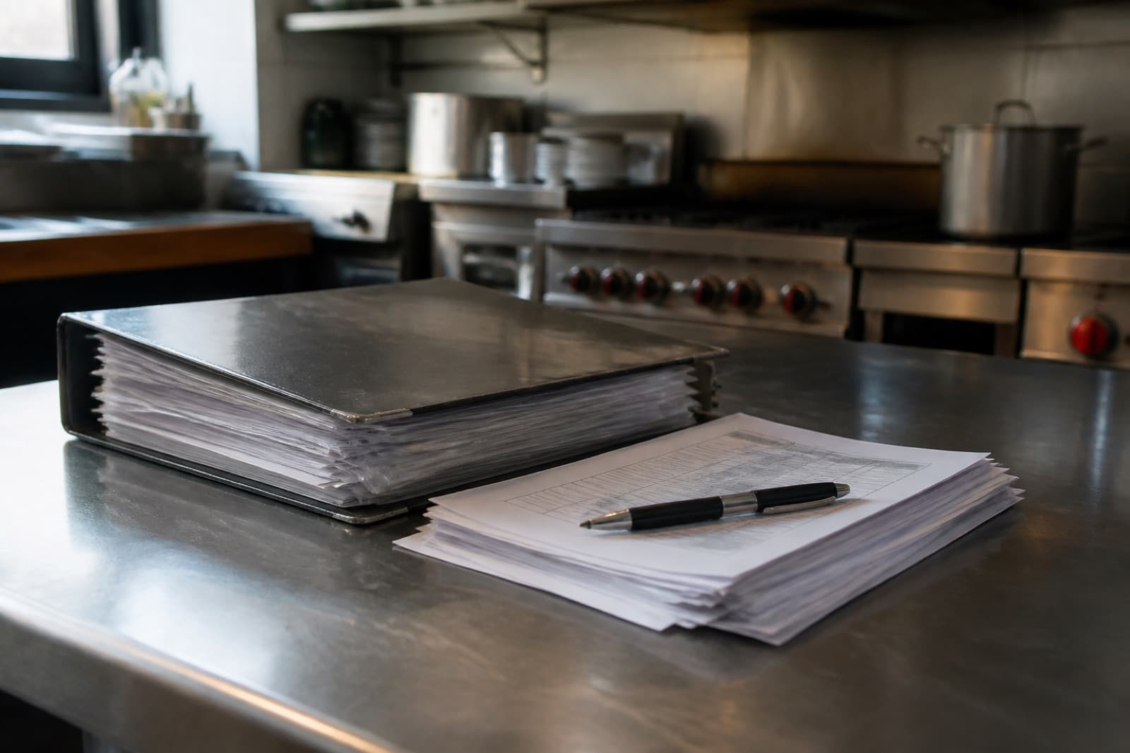 A thick binder and documents left on a restaurant prep counter.