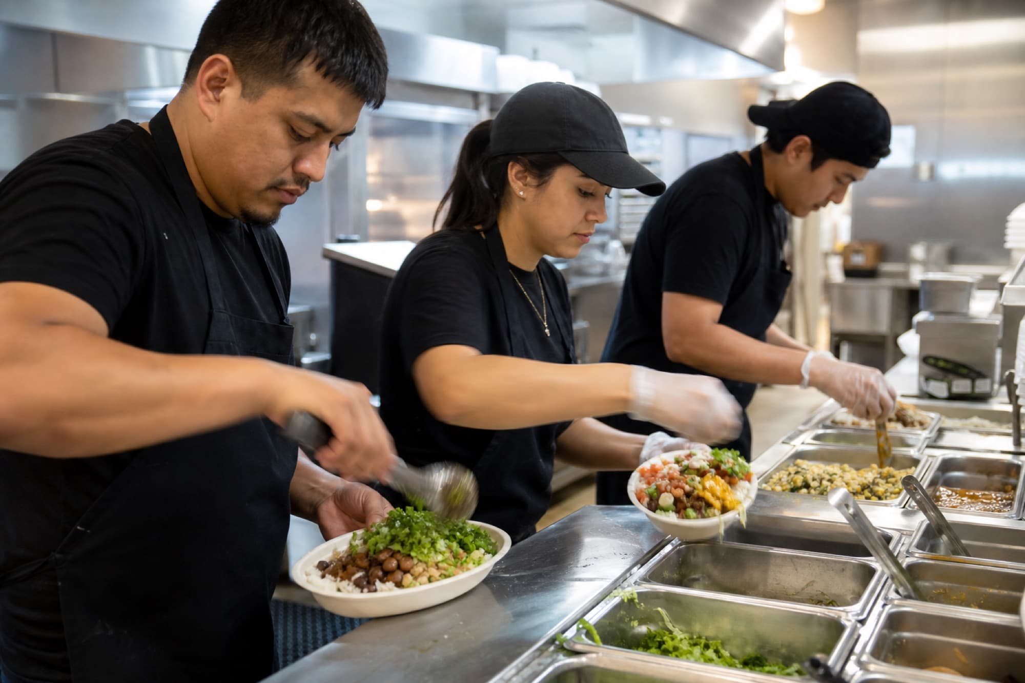 A quick service line during a lunch rush, tickets on the rail.