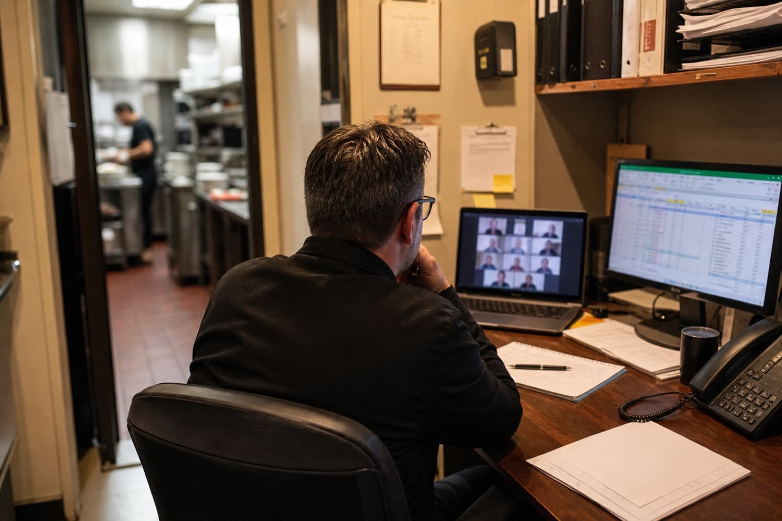 A restaurant manager on a video call at the back office desk.